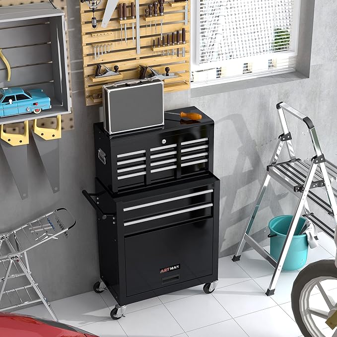 High Capacity Rolling Tool Chest with Wheels and 8 Drawers,Metal Storage Tool Cabinet W/Mobile Case,Pull Handle,4 Hooks,for Workshop Mechanics Garage,Black