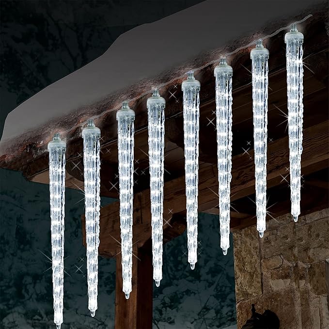 WATERGLIDE Meteor Shower Lights, 11" Outdoor Christmas Lights 10 Icicles 240 SMD LED Crystal Ice Falling Light, Connectable Raindrop Iciclelights, Xmas Winter Party Tree Holiday Decor, White