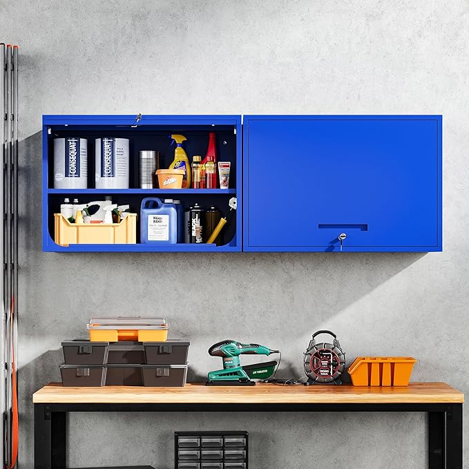 Yizosh Metal Garage Wall Cabinet with Doors and Shelves, Wall Mounted Metal Storage Cabinet, Floating Garage Tool Cabinet for Garage, Basement, Kitchen, Warehouse (Blue, 21.6 H)
