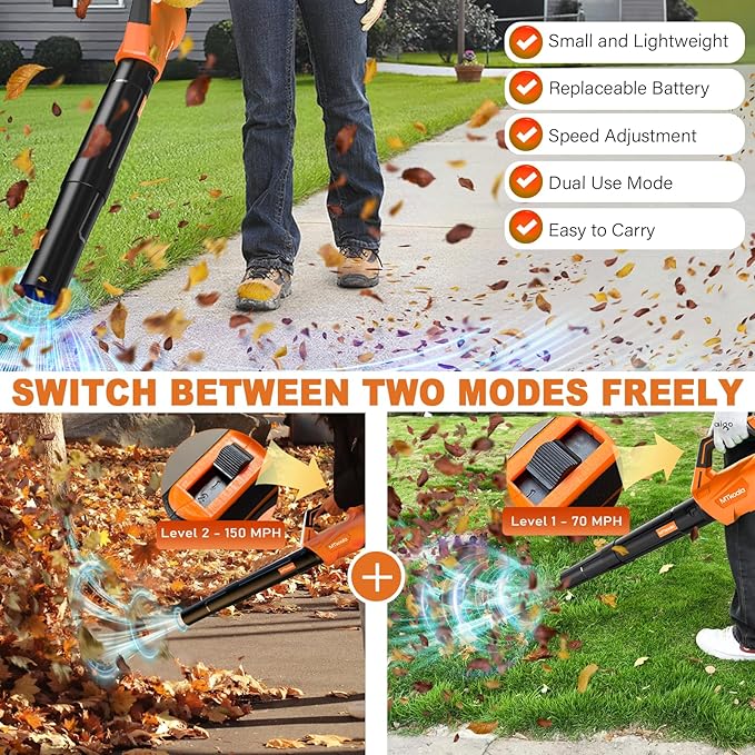 2026 Upgrade Leaf Blower, Leaf Blower Cordless with 2 * 2.6AH Batteries and Fast Charger, 450CFM &150MPH and 2 Speed Mode, Lightweight Electric Leaf Blowers for Lawn,Yard, Leaves, Dust,Snow Care