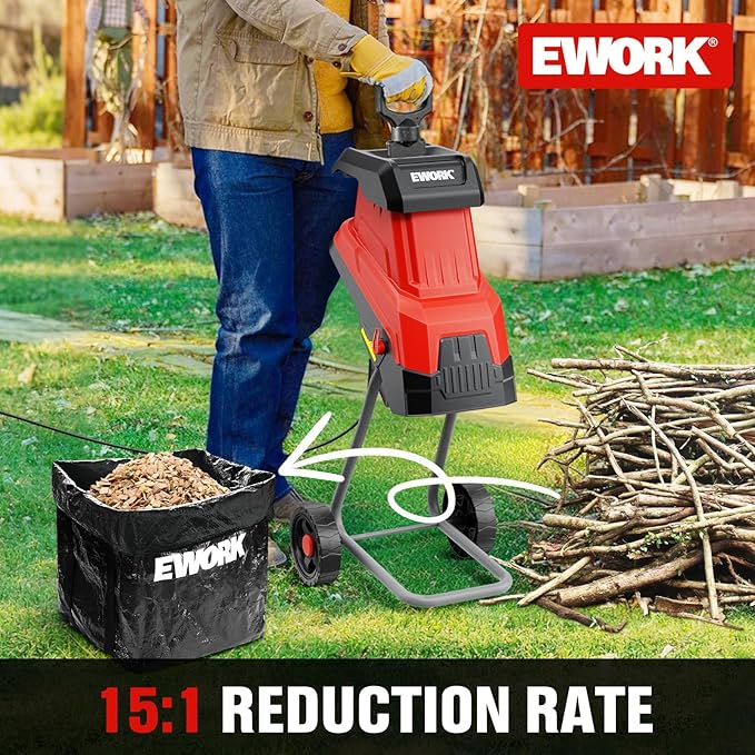 EWORK 15-Amp Electric Wood Chipper Shredder, Brushless Motor Garden Mulcher for Composting & Yard Waste, 1.77 Cutting Capacity Branch Crusher with 15:1 Reduction Ratio, 4500 RPM Silent Design