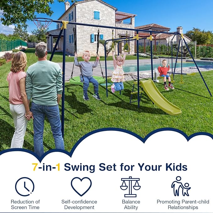 GLACER 7-in-1 Kids Swing Set w/ 2 Swings, Slide, Fun Glider, Gym Rings, Monkey Bars, Basketball Hoop, 660 LBS Swing Set for Kids, Heavy Duty Play Set for Backyard, Garden, Park