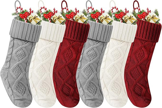Christmas Stockings 18 Inches,Long Knitted Socks Christmas Decoration Holiday Gift Hanging Stocking Fireplace Xmas Tree Stocking For Home Family（2red+2white+2gray）