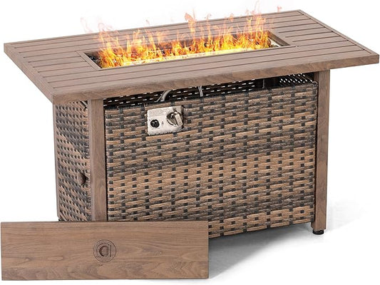 Nuu Garden 43¡± Propane Fire Pit, CSA-Listed Rattan Outdoor Fire Pit Table, 50,000 BTU Smokeless Gas Fire Table with Lid and Glass Beads, 2-in-1 Rectangular Fire Table for Outside Backyard Patio, Brown