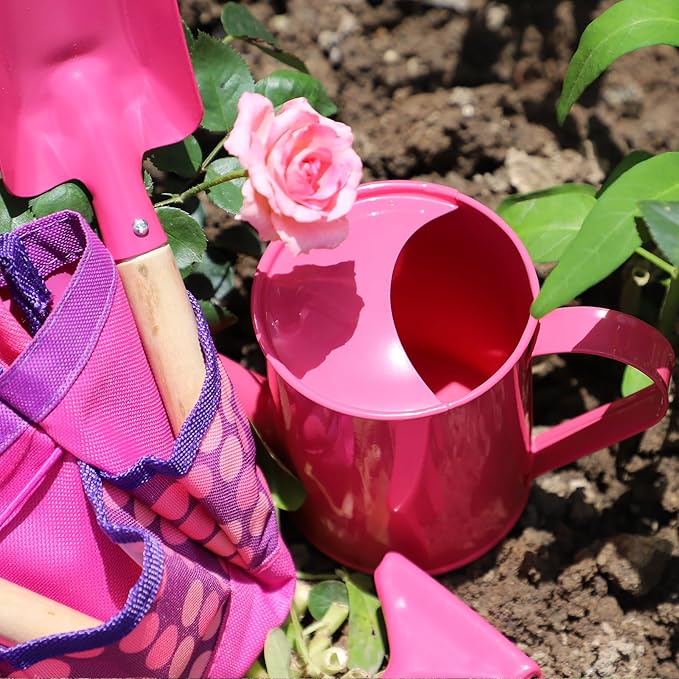 Kids Gardening Tools Set, Toddler Play Kit Child Outdoor Toy with Gloves, Watering Can, Metal Shovel, Rake, Spade & Storage Bag, Backyard Sand Digging Birthday for Boys Girls 3 4 5 (Pink)