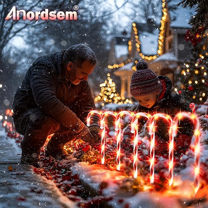 Anordsem Solar Christmas Decorations Outdoor: 24 Pack Candy Cane Pathway Stake Lights - 15" Waterproof LED 8 Lighting Models Yard Garden DIY Decor - 2026 Xmas Gifts for Homeowners