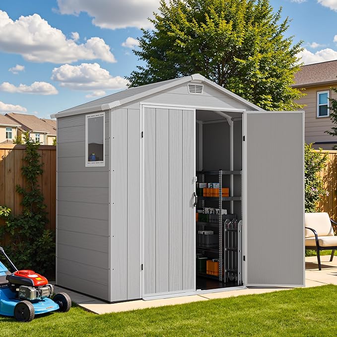 Devoko 6x4 FT Plastic Outdoor Storage Shed - Lockable Resin Tool Shed with Window & Floor - Easy Assembly for Garden, Backyard