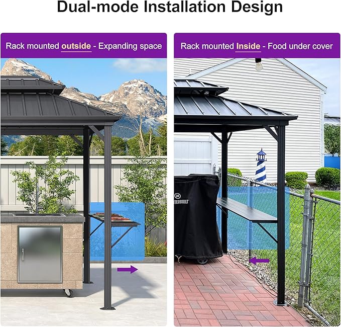 PURPLE LEAF 6.5' X 10' Hardtop Grill Gazebo for Patio Aluminum Barbeque Canopy with 24 Clear Light Bulbs and Shelves Double Tiered Grey Outdoor BBQ Gazebo