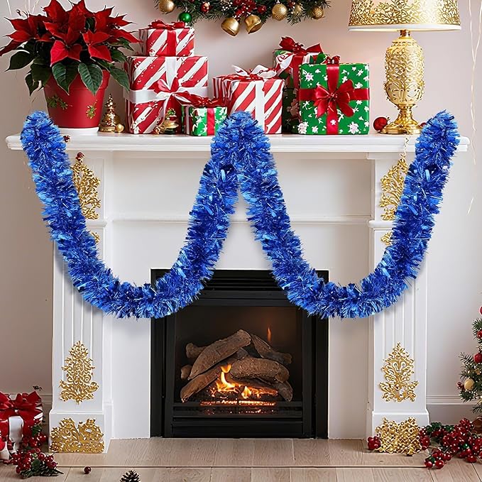 33FT Blue Christmas Tinsel Garland，Metallic Christmas Tree Decoration, Tinsel Garland Decoration for Christmas Decoration, Halloween & Birthday Party, Indoor and Outdoor Activity New Year Parties