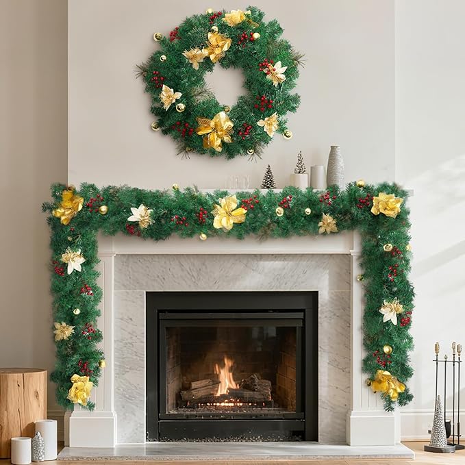 Christmas Garland with Lights, 8.9 Ft Real Touch Winter Pine Garland, Green Artificial Greenery Garland for Table, Table, Stairs, Door, Christmas Decor for Home Wedding Fireplace Party (One Pack)
