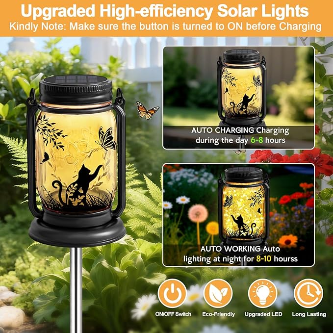 2 Pack Cat Solar Lanterns, Outdoor Hanging Solar Lantern with Stake, Christmas Birthday Gifts for Mom, Grandma,Women,Black Cat Butterfly Vintage Glass Mason Jar Waterproof Lights for Yard Garden Decor