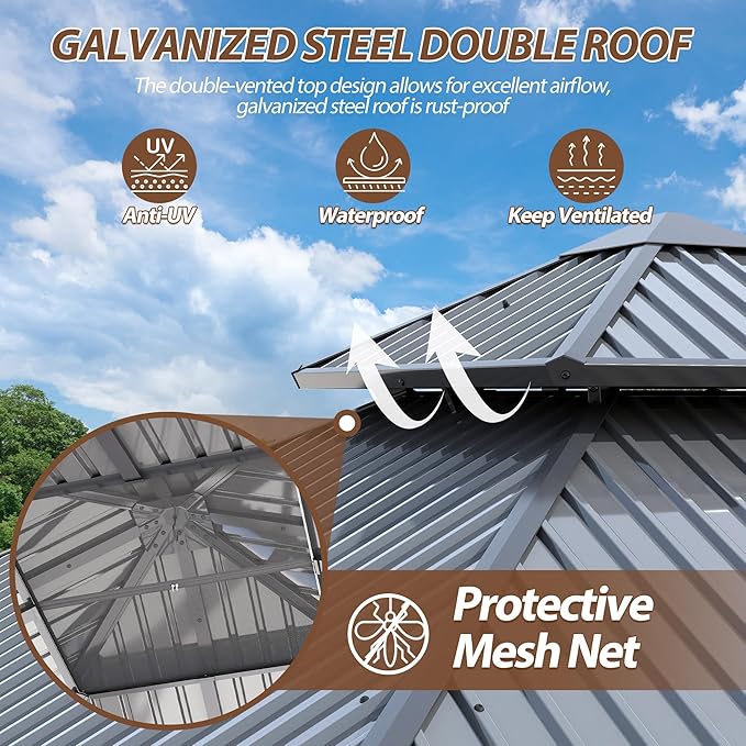 9.5' x 9.5' Hardtop Gazebo, Galvanized Steel Double Roof Gazebo with Nettings and Curtain Outdoor Aluminum Frame Vertical Stripes Roof Gazebos for Patio, Deck,Backyard