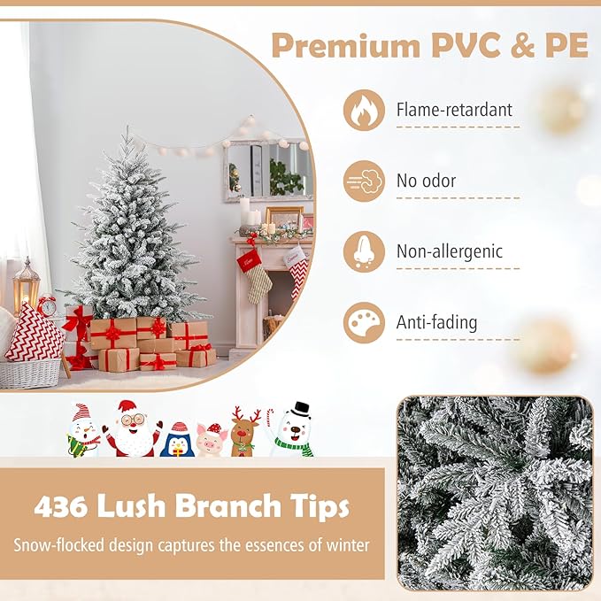 GOFLAME 4.5ft Pre-Lit Christmas Tree Snow Flocked, Hinged Artificial Xmas Tree with 436 Branch Tips, 160 Multi-Color LED Lights, 8 Lighting Modes, Holiday Decoration Tree for Home Office Party