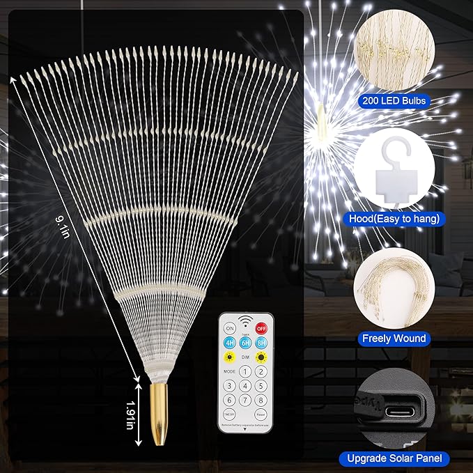 Solar Christmas Firework Lights Outdoor, 5 Pack 1000LED Solar Starburst Lights with Remote, 8 Modes Dimmable Waterproof Hanging Fairy Lights for Garden, Patio, Holiday Christmas Decor (White)