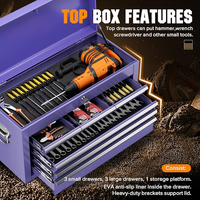 Crownland 8-Drawer Rolling Tool Chest with Wheels, Lockable 2 in 1 Detachable Tool Cabinet wit Drawers and Side Hooks, Garage Top Toolbox & Bottom Storage Cart(Purple)