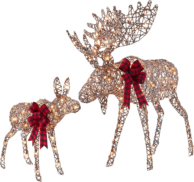 Best Choice Products 2-Piece Moose Family, Lighted Outdoor All-Weather Christmas Yard Decoration Light-Up Décor Set w/ 170 LED Lights, Ground Stakes, Zip Ties - Rattan