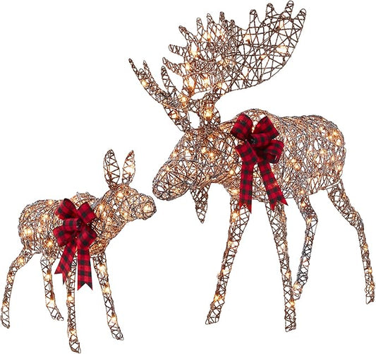 Best Choice Products 2-Piece Moose Family, Lighted Outdoor All-Weather Christmas Yard Decoration Light-Up Décor Set w/ 170 LED Lights, Ground Stakes, Zip Ties - Rattan