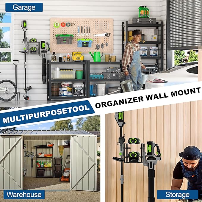 Pugala Universal Storage Rack for Leaf Blower, Weed Eater, and Power Tools ? Adjustable Wall Mount Organizer with Heavy-Duty Steel, Powder-Coated Finish, and Battery Storage ? Black