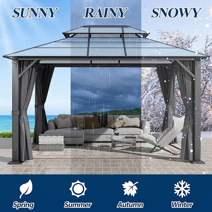 COVERONICS 12FT x 14FT Patio Polycarbonate Hardtop Gazebo with Steel Frame - Outdoor Translucent Double Roof Gazebo with Netting & Curtains for Lawn, Garden, Backyard, Poolside
