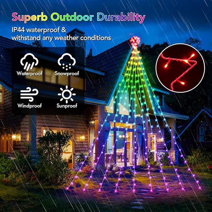 16.4FT Smart RGB Christmas Waterfall Lights with Star, APP & Remote Control, DIY Custom Light Show & Music Sync, Timer, 245 LEDs Color Changing Outdoor Decor for Xmas, Yard, Party