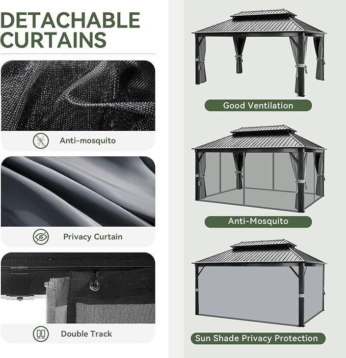 Aoxun Hardtop Gazebo 12FT X 16FT, Outdoor Pergolas with Mosquito Netting and Curtains, Galvanized Steel Double Roof Permanent Aluminum Gazebo, and LED Outdoor Waterproof Hanging Lights