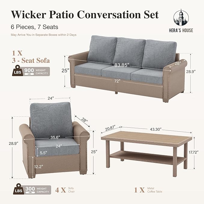 HERA'S HOUSE 6-Piece Patio Furniture Set, All Weather 7 Seats Outdoor Wicker Sofa with 44" Coffee Table, 5.5" Thick Waterproof Cushion Conversation Couch Set for Garden Deck Backyard, Grey