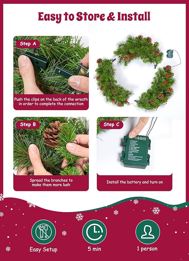 Brightown 24 Inch Pre-Lit Christmas Wreaths for Front Door, IP44 Battery Operated 50 LED Christmas Wreath, Decor with Pinecones Pine Needles Branches Red Berry Mini Bow for Front Door Wall Window