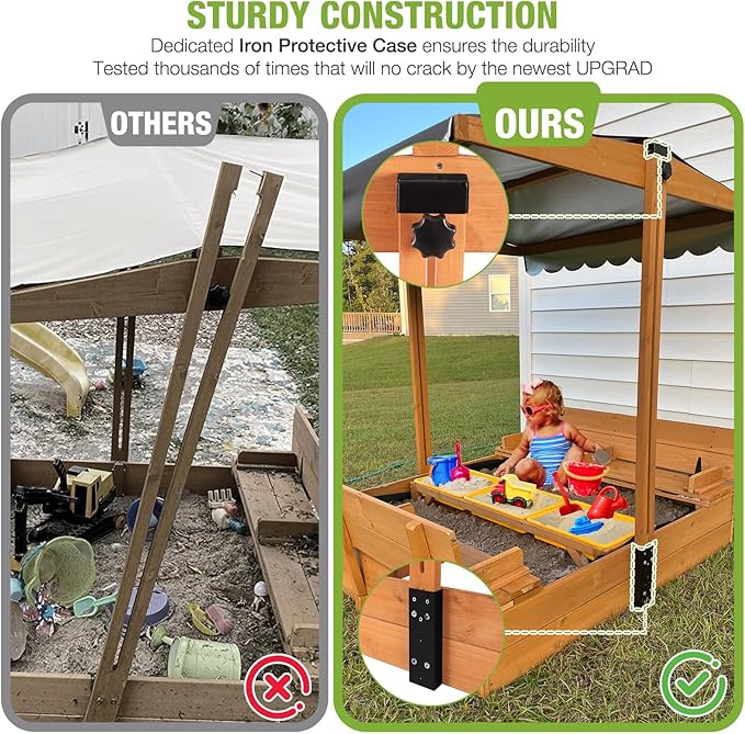 GUTINNEEN Sandbox with Lid and Cover for Kids Outdoor Sand Box with 3 Toy Bins, 2 Foldable Bench Seats, Adjustable Canopy and Sand Protection Liner, 47.2 L x 47.2 W x 51.9 H