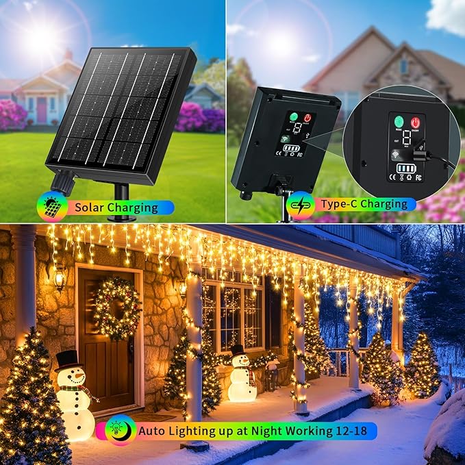 Solar Icicle Lights for Outside 66+16Ft 660LED Christmas Lights Outdoor Decorations Dual Color Changing Connectable Rechargeable Dimmable Remote Twinkle Fairy String Lights for Xmas Eaves House Roof