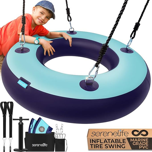 SereneLife 36¡± Inflatable Tire Swing with Hang Kit, 600lbs Capacity Heavy Duty Tire Swing with UV and Puncture Resistance, 360 Swivel, Hand Pump, Adjustable Ropes, Carry Bag, Hangs on Trees and Posts