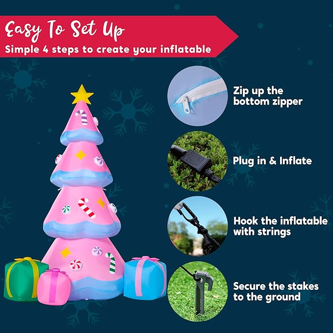 JOIEDOMI 7 FT Tall Christmas Tree Inflatables Outdoor Decoration, Christmas Inflatable Pink Tree with 3 Gift Boxes, Blow Up Xmas Tree with Build-in LEDs for Xmas Outdoor Yard Garden Lawn Decor