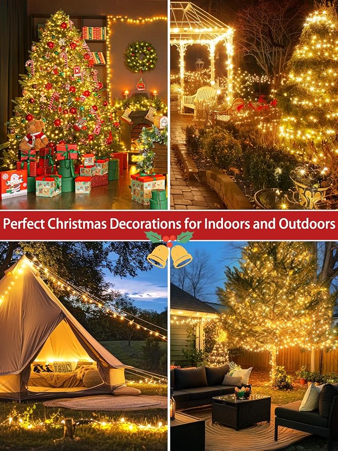 2-Pack 66FT 200 LED Christmas Lights, 13 Modes Extendable Christmas Tree Lights with Timer & Memory, Waterproof Twinkle Fairy Lights Green Wire Outdoor String Lights Indoor for Xmas Tree (Warm White)