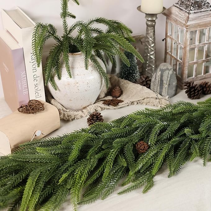 Christmas Norfolk Pine Garlands - 6ft Artificial Garland Faux Green Fake Pine Needles Garland for Fireplace,Table,Window,Stairs,Mante,Holiday Indoor Outdoor Xmas Decor(1PCS)