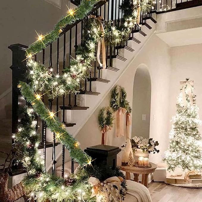 Nerosun 14.8 FT Artificial Christmas Garland, 50 Pre-Lit LED Mini String Lights Battery Operated Xmas Garland for Home Stair Railing Indoor Wedding Party Christmas Ornament Decorations (Warm White)