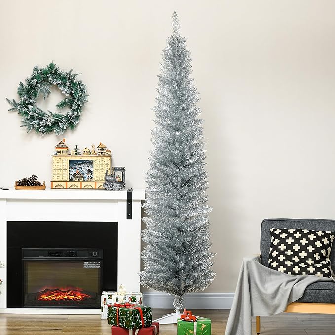 HOMCOM 7' Artificial Pencil Christmas Tree, Slim Xmas Tree with 499 Realistic Branch Tips and Plastic Stand, Silver