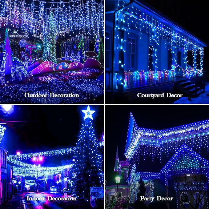 98FT 960 LED Christmas Lights, Waterproof 8 Modes Ice Lights for Outside with Memory and Timer Hanging Fairy Lights Plug-in Curtain String Lights for Holiday Party Wedding Home (Blue)