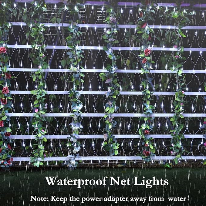 Joomer Christmas Net Lights - 12FT x 5FT 360 LED Plug-in Mesh Lights, Waterproof with 8 Modes, Timer, Connectable for Bushes, Trees, Garden, Outdoor Christmas Decor (Clear Wire, White)