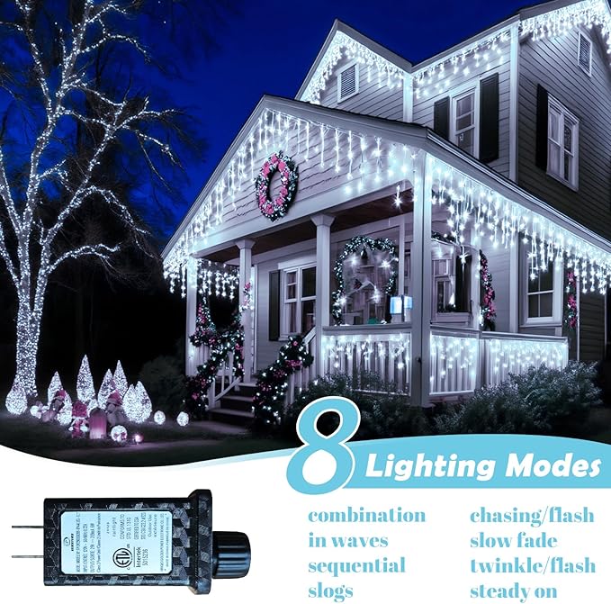 131FT Outdoor Icicle Lights Cold White- Waterproof Christmas Curtain Lights, 8 Modes Twinkle Function for Patio, Wedding, Holiday, Party Decorations(Cool White)