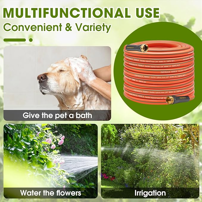 Heavy Duty Garden Hose ? 5/8 Inch Flexible, Lightweight Hybrid Hose with 600 PSI Burst Pressure, Swivel Handle, and Durable Copper Male/Female Fittings (Orange, 100FT)