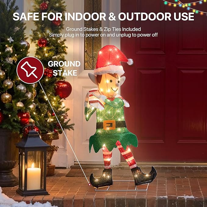 GENIMO 3D Elf Outdoor Christmas Decorations, 70 Lights Pre-Lit Elf with Candy Cane for Holiday Decor Xmas Outside Indoor Home Lawn Yard Garden Patio Stakes Zip Ties(38 in)