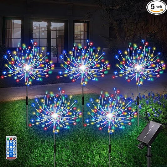 Solar Firework Lights, Garden Light 5 Pack 120 LED Remote Control Solar Decorative Light, Waterproof Stake Landscape Lights with 8 Flashing Modes, for Garden Pathway Courtyards Decor(Colorful)