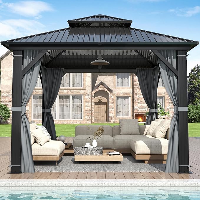 GARTOO 10'x10' Outdoor Hardtop Gazebo with Double Roof - Heavy-Duty Steel Top Aluminum Frame Gazebo with Breathable Netting & Privacy Curtain for Patio, Porch, Garden, Lawn, Deck, Backyard