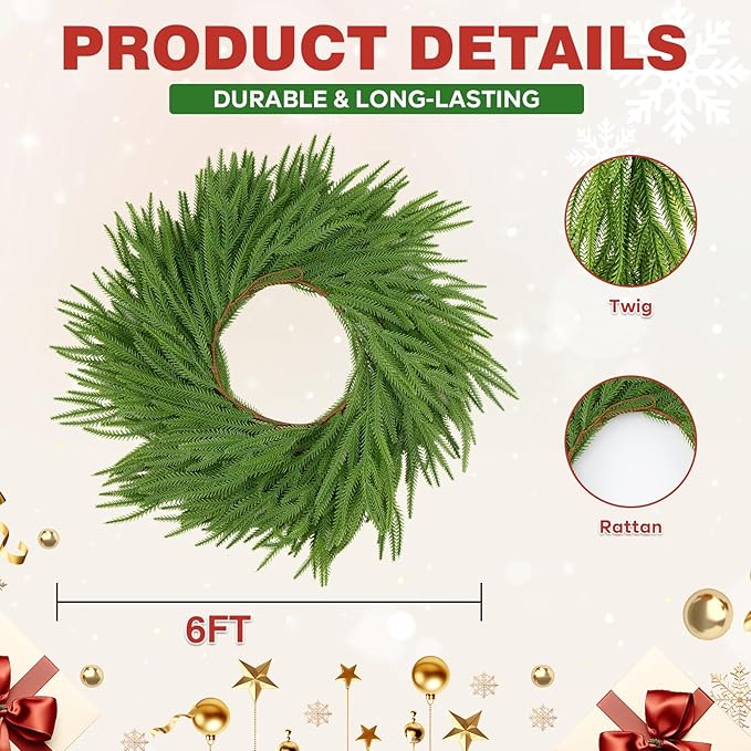 2Pc 6Ft Christmas Artificial Norfolk Pine Garlands, Green Winter Norfolk Pine Stems for Fireplace, Staircase, Dining Table, Door,Holiday Party Christmas Decorations(2, 6FT)