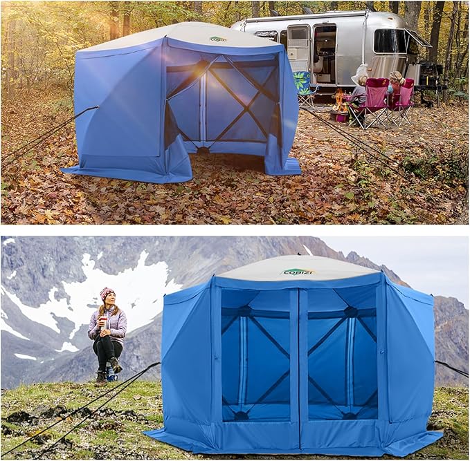 COBIZI 12x12 Pop up Canopy Tent, Gazebos on clearance with 5 removable sidewalls & mosquito net for Camping, Outdoor patio screened gazebo, Portable Hub Tent with Carrying Bag & Stakes, Blue(Upgraded)