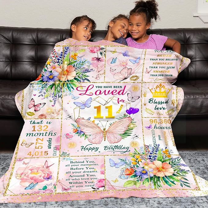 11 Year Old Girl Birthday Gifts, Gift for 11 Year Old Girl, Super Soft Cool Funny Pink Butterfly Flower Blanket for Girls, 11th Birthday Decorations for Girls, Warm Cozy Plush Fuzzy Blanket 50"x40"