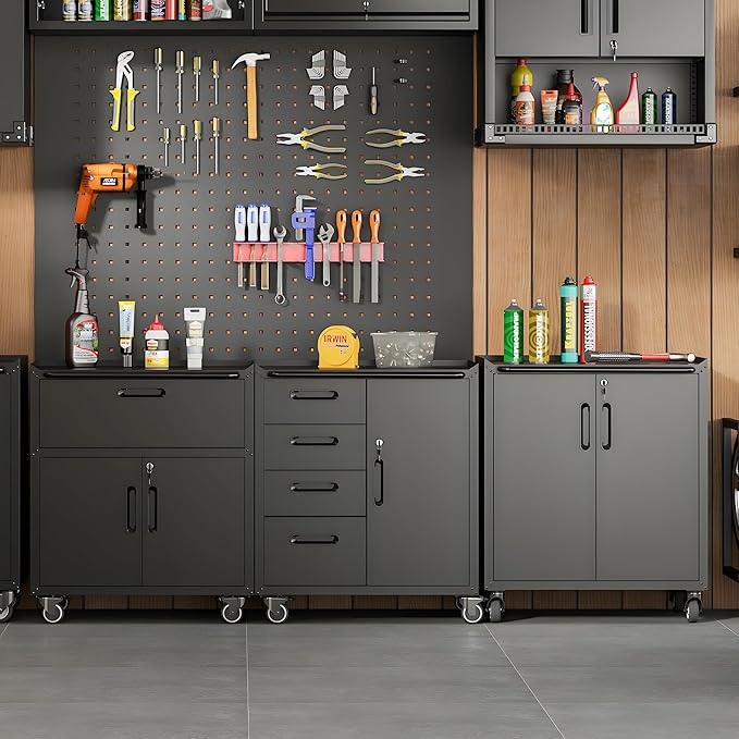 Metal Tool Cabinet,Garage Storage Cabinet System,Wall Cabinet & Locking Rolling Tool Cabinet with Doors and Adjustable Shelves,Steel Tool Cabinets for Home (2 Pcs-StyleE, Black)