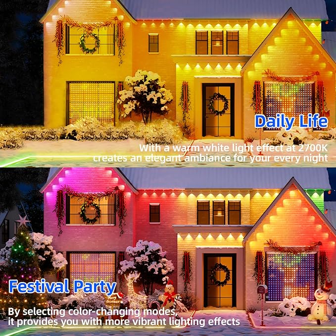 Permanent Outdoor Lights Pro, 100ft with 72 RGB LED Lights for Daily and Accent Lighting, IP65 Waterproof Smart Eaves String Lights with App & Remote,Rainbow Light for Halloween,Christmas-100FT