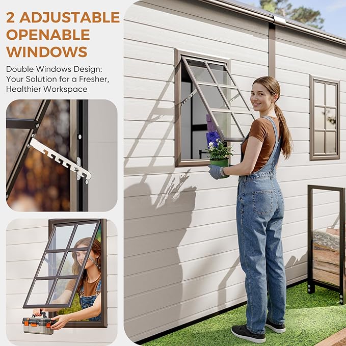 CDCASA Outdoor Storage Shed 8x8 FT, Waterproof Resin Garden Sheds Plastic Patio Outdoor Outside Storage with Floor, Adjustable Openable Windows, Lockable Door for Tool, Bike, Garbage Can