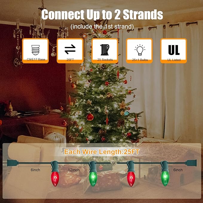 25Ft C9 Red and Green Christmas Lights Outdoor, C9 Vintage Christmas String Lights with 27 Clear Red Green Bulbs, Hanging Outdoor Christmas Lights for Backyard Prom Roofline Path Party Garden Decor
