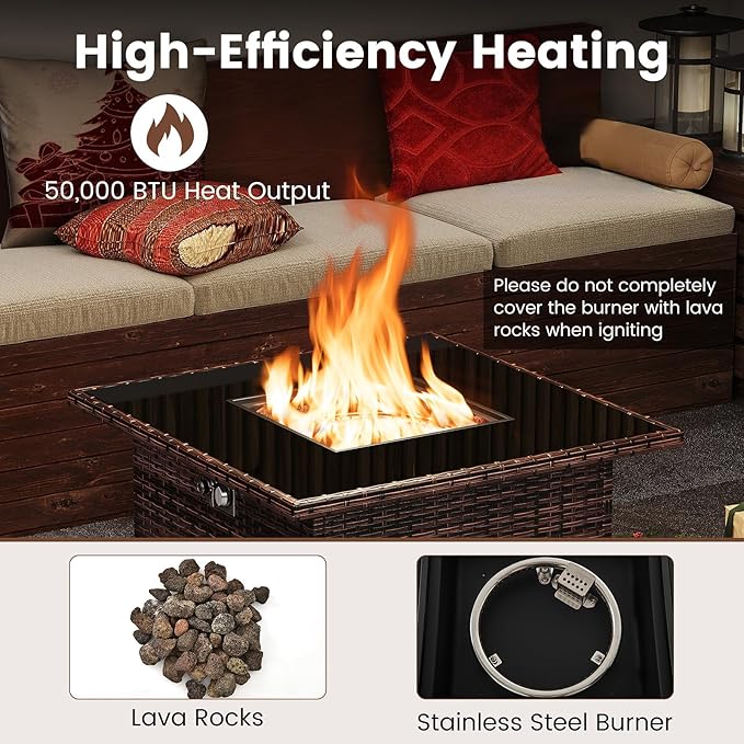 Tangkula 32.5 Inch Propane Fire Pit Table, Outdoor Rattan Gas Firepit with Tempered Glass Tabletop & Stainless Steel Burner, Square Fire Pit with Lava Rocks & Protective Cover for Outside Patio